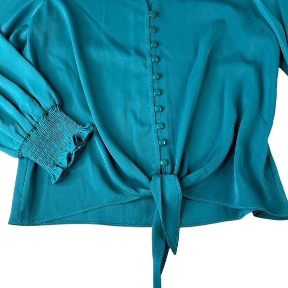 Jade Melody Tam Womens Top Size Small Teal Blue Green Tie Front Button Up - Picture 4 of 9